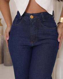 Women's Wide Leg Jeans, 100% Denim Fabric, High Waist On - 深色水洗藍 - 查看 2