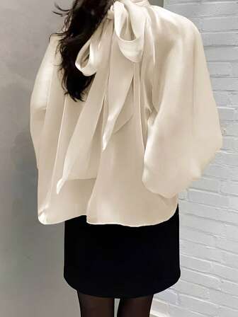 女士高領寬鬆純色長袖燈籠袖優雅上衣，春秋兩季適用