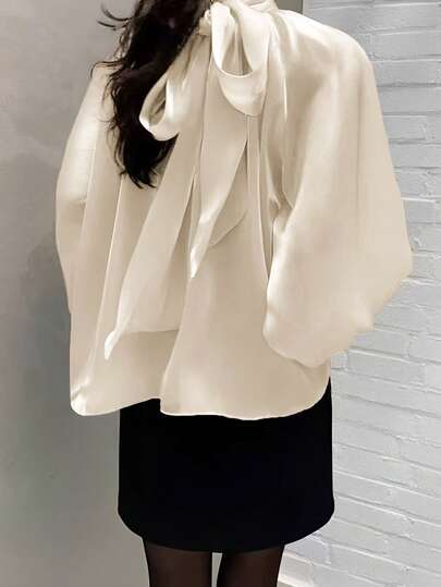 Women's High Neck Loose Solid Color Long Sleeve Lantern Sleeve Elegant Top, Spring & Autumn Casual