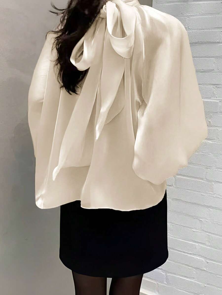 女士高领宽松纯色长袖灯笼袖优雅上衣，春秋季休闲款 - 杏色 - 查看 1