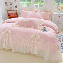 MOOWOO Chic Lace & Bow Comforter Set For Women | Ruffled Bedding Collection With Pillowcases |  Home Elegance,Pink - Hồng - Xem 6