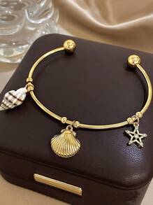 1Pc 18K Gold Plated Ocean Open Bracelet For Women - Luxury Nautical Starfish Shell Charm With CZ Stones, Adjustable Boho Beach Jewelry, Mother's Day Gift, Summer Vacation Travel Essential, Graduation Present, Teacher Gifts