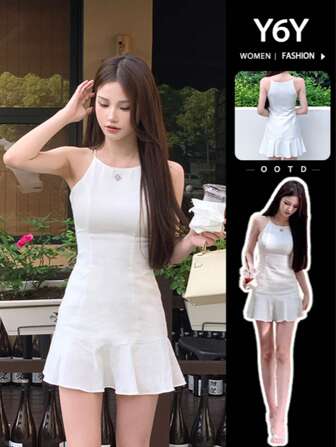 ชุดบอดี้คอนสายเดี่ยวแบบเพรียวบางแบบมินิมัลสไตล์ฝรั่งเศสสำหรับฤดูใบไม้ผลิ/ฤดูร้อน