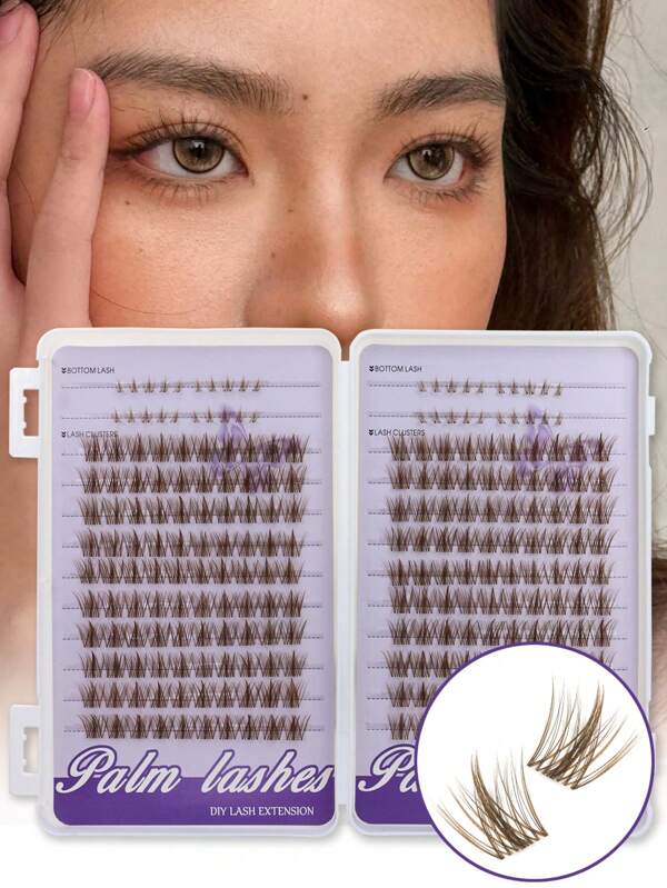 PALM LASHES 240Pcs Brown Lashe 10-12mm With Bottom Lashes 5-6mm C Curl -Clear Band WideSpan Eyelash Extension Individual Fake Eyelashes Clusters With 0.05mm Ultra-Thin Invisilble Band Eyelashes Easy-Application Cluster Lashes For Women Girls