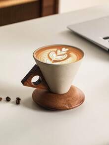 1 件 250 毫升陶瓷漏斗形高端创意咖啡杯配木碟套装，大号拿铁艺术杯，适合家庭、办公室、咖啡厅，馈赠佳品 - 粗陶 - 查看 5