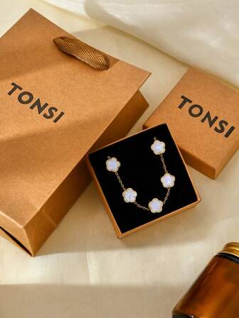 TONSI 1 Stück elegantes, charmantes koreanisches Stil 18K Goldbeschichtetes Edelstahl 5-Blatt Kleeblatt Ketten Armband, Geschenkbox, geeignet für Frauen Arbeit, Party, Alltag