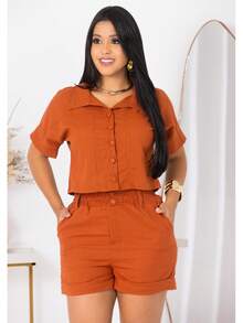 Linen Set - Coat And Shorts With  Style - Camel - View 6