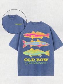 Men's Casual Summer Washed Cotton T-Shirt [Old Row Outdoor] Fish Print, Round Neck, Short Sleeves, Lightweight Cotton Knitted Fabric, Casual Summer Round Neck Shirt | Rib Details. - 寶藍色 - 查看 1