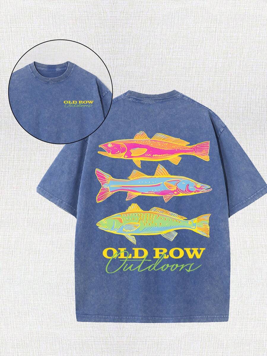 Men's Casual Summer Washed Cotton T-Shirt [Old Row Outdoor] Fish Print, Round Neck, Short Sleeves, Lightweight Cotton Knitted Fabric, Casual Summer Round Neck Shirt | Rib Details. - 寶藍色 - 查看 1