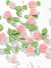 Rose Nail Art Accessories, Pink Flower Leaf Pearl Versatile And Simple Nail Art Pendants, DIY Wearable Nail Handcrafted Art Decorative Small Accessories, Suitable For Nail Art Culture Salons
