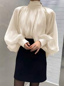 女士高领宽松纯色长袖灯笼袖优雅上衣，春秋季休闲款 - 杏色 - 查看 2