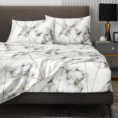 4pcs White & Gray Marble Pattern Bedding Set, Soft Microfiber Easy Care Bedding Set, Floral Pattern Bed Sheet Set (1 Bed Sheet + 1 Bed Skirt + 2 Pillow Shams), Bed Skirt Set, Fits Twin, Full, Queen, King Size Beds, Deep Pocket Bed Skirt Design, Up To 11.8 Inch Pillow Sham, Soft & Breathable, Wrinkle-Resistant, Luxury Hotel Style, Gift For Parents, Friends, Dorm Bedding, Back To School