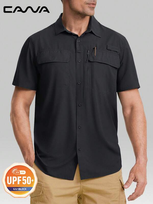 Cavva Chemise de pêche et de randonnée pour hommes, protection UPF50+, 100% polyester, légère et respirante, 3 poches utilitaires, porte-canne à pêche, boucle pour lunettes de soleil, fente pour stylo, chiffon pour lunettes intégré, résistante à l'eau
