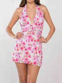 Womens Boho Floral Print Halter Neck Bodycon Dress Summer V Neck Sleeveless Backless Ruched Party Mini Dress Beach Vacation Sundress - Pink - View 2