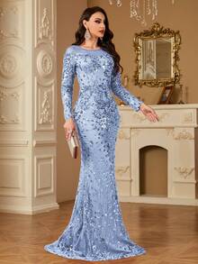 hezixi Stretchy Sequin Dress, Extremely Comfortable, Suitable For Different Figures, Sheer Round Neck Long Sleeve Fitted Mermaid Hem Design, Solid Color Elegant Luxury Maxi Dress For Women, Enhances Youthful Charm, Suitable For Various Parties, Graduations, Weddings And Other Occasions. - Màu xanh lam - Xem 3