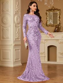 hezixi Stretchy Sequin Dress, Comfortable Fit For Different Body Types, Sheer Round Neck Long Sleeve Bodycon Mermaid Hem Formal Gown - 紫丁香色 - 查看 3