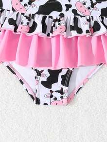Young Girl Cow Print Ruffle Trim Bikini Set - Multicolor - View 5