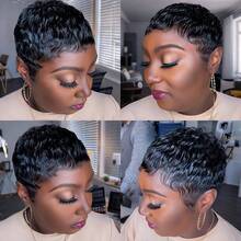 Short Pixie Cut Wig Brazilian Virgin Human Hair Straight Machine Made Rose Net Cap Easy To Wear For Beginners - Natural & Black - View 8