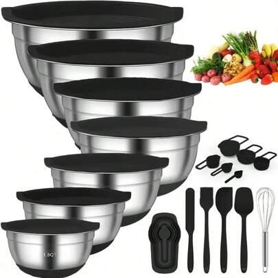 HIHEGD Mixing Bowls With Airtight Lids, 7pcs Stainless Steel Nesting Colorful Mixing Bowls Set Non-Slip Silicone Bottom, Size 7, 5.5, 4, 3.5, 2.5, 2, 1.5 Qt, Perfect For Mixing & Serving On Thanksgiving & New Year's Eve
