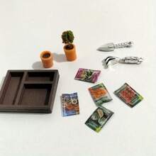 10-Piece Dollhouse Gardening Set Miniature Model,Including A Wooden Box,Alloy Shovel,Resin Potted Plant,And Plant Seeds,Suitable For Dollhouse Home And Courtyard Garden Scene Decoration