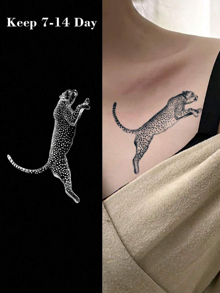 1 pieza Tatuaje temporal de jaguar a base de hierbas, a prueba de agua y sudor, de un solo uso, talla grande seguro y unisex, puede durar de 7 a 14 días - Negro - Ver 1