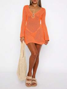 V-Neck Hollow Circle Decor Sexy Bell Sleeve Solid Color Long Sleeve A-Line Short Beach Cover Up Dress