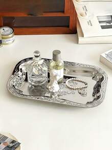 1 pieza Bandeja rectangular de joyería plateada vintage de acero inoxidable para frutas y alimentos: Perfecta para joyería, cosméticos o pequeños postres - Adecuada para uso en el escritorio, organizador de almacenamiento, regalo para mujeres, esencial para viajes