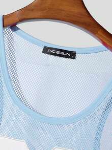 INCERUN Men Sleeveless Number Printed Sports Leotard Undershirts Mesh Slim Playsuit Bodysuits Summer Casual Rompers Jumpsuits - 藍色 - 查看 6
