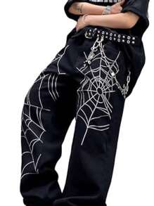 1pc Men Black Loose Wide-Leg Y2K Streetwear Hip Hop High Street Heavy Embroidered Washed Denim Jeans Pants, Suitable For Casual Outing Wear