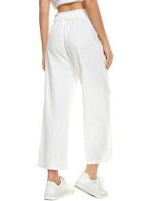 Womens Wide Leg Linen Pants High Waisted Drawstring Flowy Casual Crop Trousers With Pockets Back To School Halloween Christmas New Year - 深藍色 - 查看 7