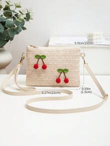 New Straw Cherry Design Versatile Crossbody Bag, Small Square Shoulder Bag, Sweet & , Wholesale, Spring/Summer - Beige - View 3