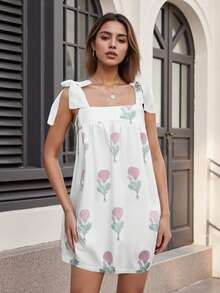 Women Sleeveless A-Line Dress Summer Casual Floral/Stripe Print Tie Up Straps Loose Party Dress For Beach Streetwear - Hồng - Xem 3