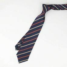 1pc Men's Coffee Stripe Polyester Necktie, Academic Style, Suitable For Daily Use - Hand-made Navy Blue Base Wine Red Stripes - View 2