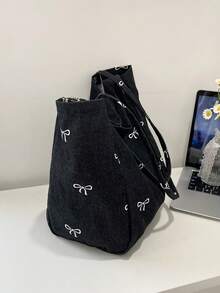 Nueva bolsa de lona lavada con lazo azul de moda coreana versátil, muy atractiva, para ir y venir, viajes, compras, vuelta al colegio, de gran capacidad, bolso de dama dulce y elegante, bols - Negro - Ver 8
