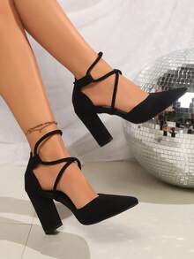 Sandale elegante cu vârful ascuțit, toc gros, talpă moale, respirabile, cu toc pătrat, pentru nuntă/petrecere, versatile pentru exterior, cu bareta încrucișată, tocuri înalte negre, pentru vacanță - Negru - Vizualizare 2