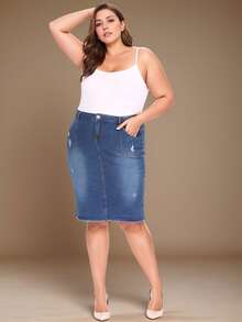 Women Plus Stretch Denim Distressed Pencil Skirt  Plain - Rửa chàm - Xem 1