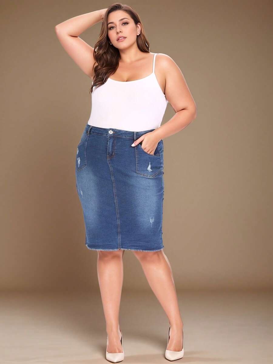 Women Plus Stretch Denim Distressed Pencil Skirt Plain - Rửa chàm - Xem 1