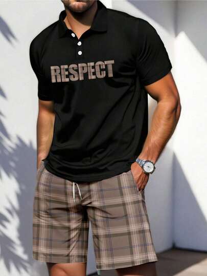男士时尚条纹字母印花短袖 Polo 衫和短裤套装