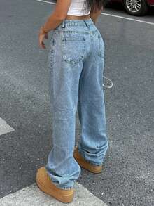 女士休闲浅色水洗阔腿牛仔裤，适合日常穿着，春季款 - 中等水洗藍 - 查看 9