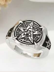 1pc Elegant Men's Gold-Color Copper Ring With Intricate Ancient Egyptian & Pentagram Design, Suitable For Formal Events, Parties, Daily Wear, Ideal Gift For Boyfriend, Husband, Father On Valentine's Day/Father's Day