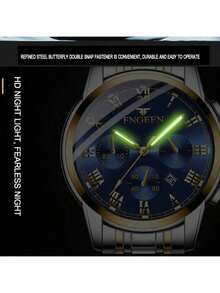 FNGEEN 2pcs/Set Couple Watch With Gold Stainless Steel Strap Roman Scale Blue Dial Calendar Display 50m Waterproof Quartz Watch For Men And Women Precise Timekeeping Japan Imported Quartz Automatic Movement - High-Quality Built-In Long-Life Japan Battery With Small Dial Decoration Valentine's Day Gift Wedding Souvenir - Blue - View 7