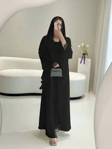 Lace Trim Kimono Set, Includes Sleeveless Lining Dress And Chiffon Scarf - Lightweight, Elegant, Breathable, Suitable For Spring/Summer - Black - View 3