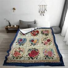 Vintage Floral Heart Throw Blanket - Made Of Polyester, Comfortable For All Seasons, Knitted And Quilted Design, With Floral Pattern Of Red, Pink And Blue Roses, Ideal For Sofa Or Bed Decor, Cozy Home Decor | Vintage Comforter Design | Durable Quilted Blanket