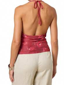 Women's Floral Halter Tops Cowl Neck Open Back Going Out Tops - Red - View 2