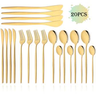 20pcs/Set Luxury Stainless Steel Flatware Set, Includes Dinner Knives, Forks, Spoons, Coffee Spoons, Butter Knives, Elegant Modern Design, Durable Steel Cutlery Series, Suitable For Home, Kitchen, Restaurant, Wedding,School Supplies