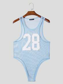 INCERUN Men Sleeveless Number Printed Sports Leotard Undershirts Mesh Slim Playsuit Bodysuits Summer Casual Rompers Jumpsuits - 藍色 - 查看 3