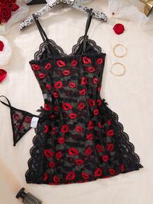 Women's Multi-Color Red Lip Lace Nightgown - Black - View 2