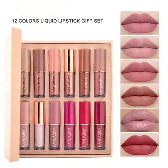 12 Color Makeup Book Shaped Lip Glosses Set, Pearl, Glitter, Waterproof, Non-Stick, Matte Lipsticks & Lip Tints, Holiday Gift Set