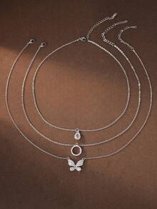 3 chiếc đồng & pha lê Zirconia hình giọt nước thanh lịch, bướm, dây chuyền mặt tròn, thiết kế cao cấp đa năng cho xương đòn nữ, quà tặng trang trí - Bạc - Xem 4