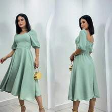 Vestido Feminino Midi Com Manga Bufante Forrado Soltinho - Verde claro - Visão 5